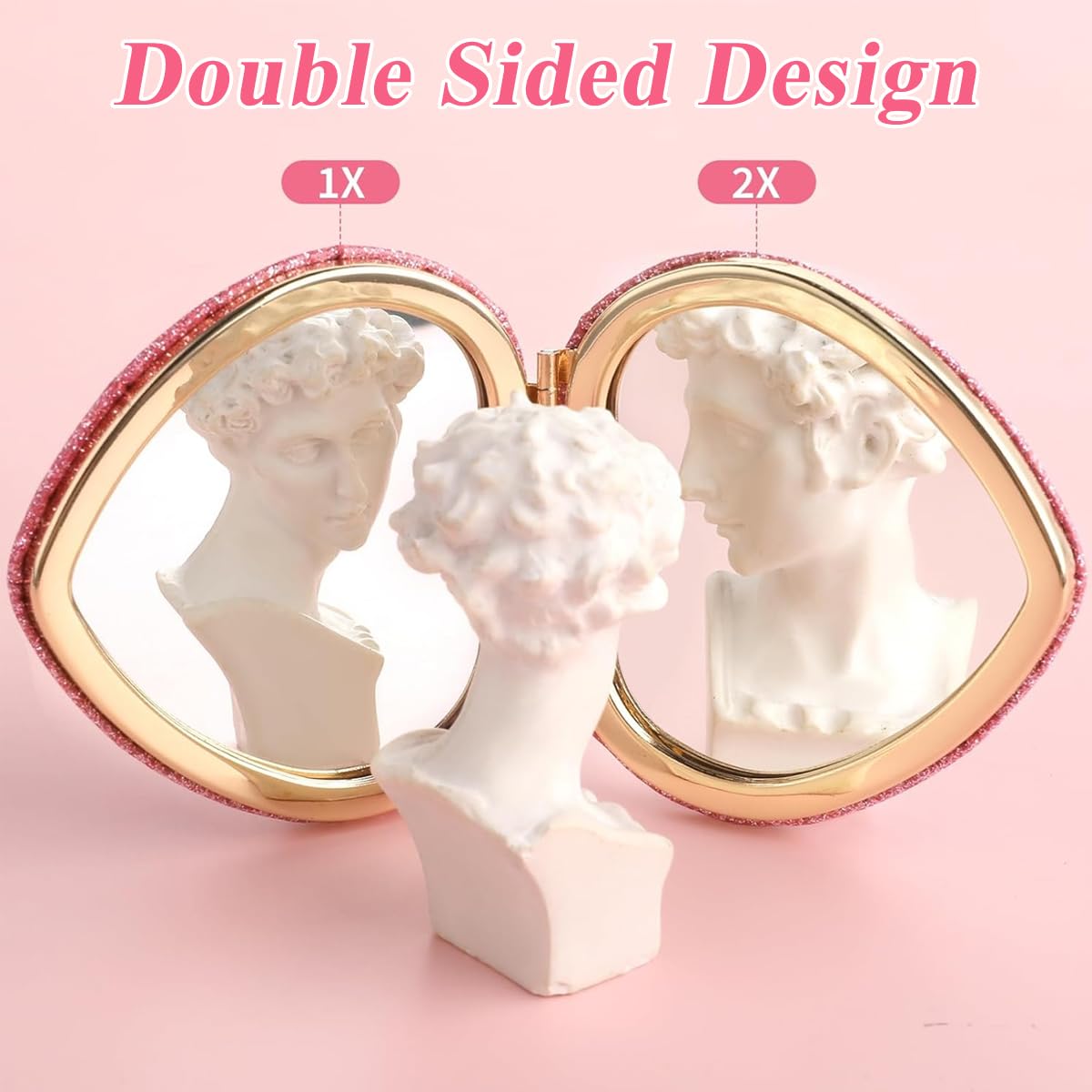 MAYCREATE Mini Heart Folding Mirror for Travel with Dual Mirrors and Pink Glitter Design | 6.9x7.21cm Compact Makeup Mirror for Women