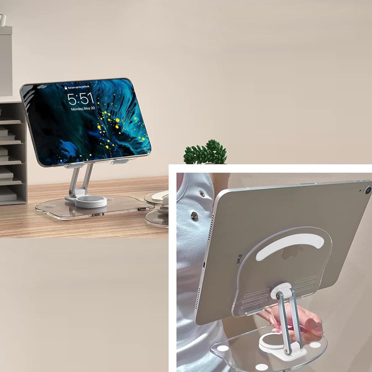 ZORBES Phone Holder for Desk with 360° Rotating Base and Anti Slip Design | Clear Acrylic Stand for Phones and Tablets up to 12.9 in