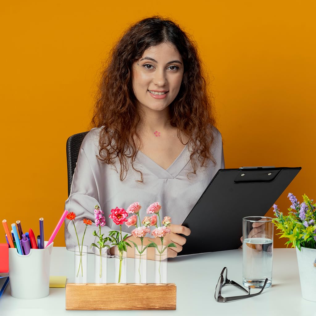 HASTHIP Glass Hydroponic Planters for Indoor Decor with Wooden Stand & 6 Tubes | Ideal Gift