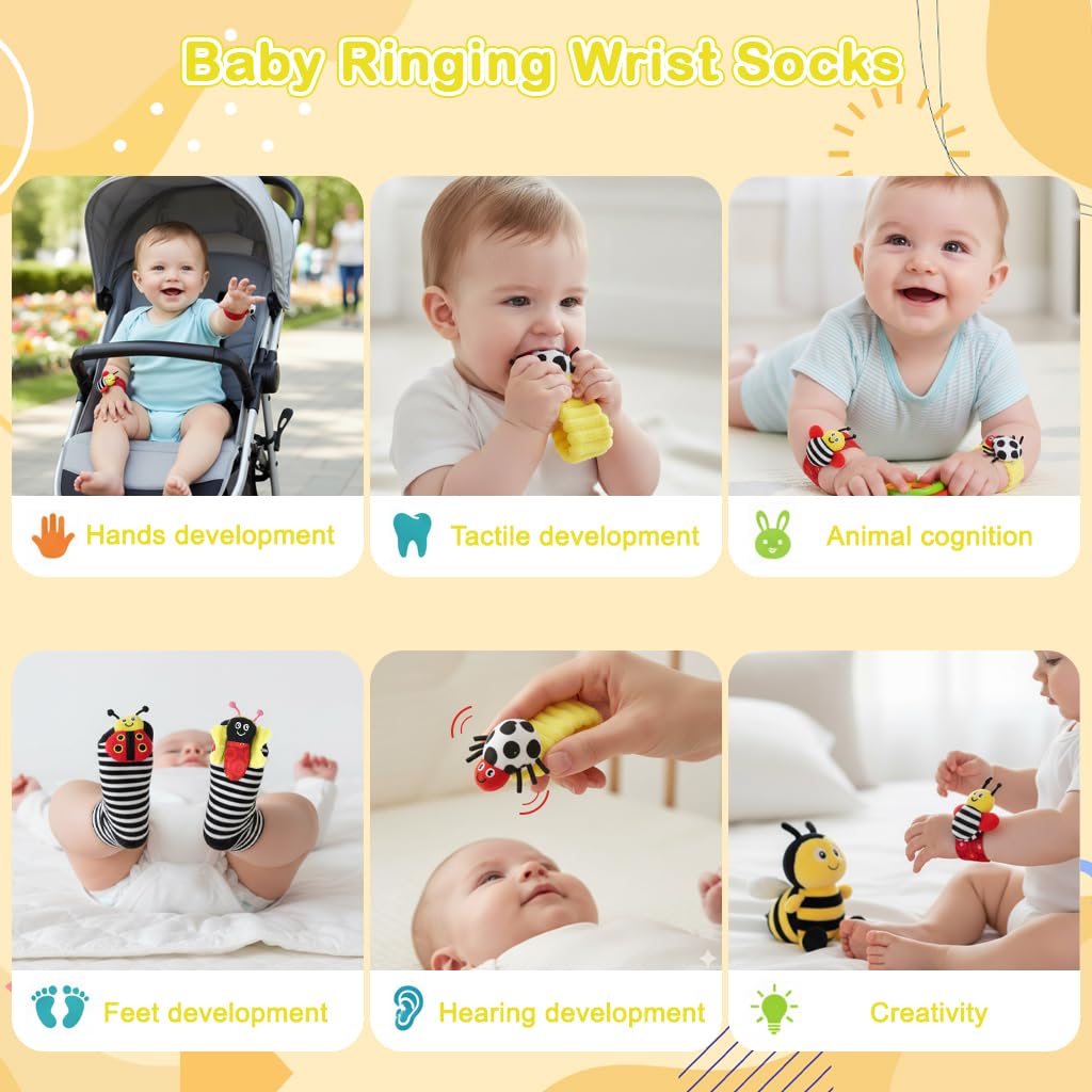 SNOWIE SOFT Baby Rattle Socks Set for Sensory Development with Cotton Wristband Toys | Gift for Infants