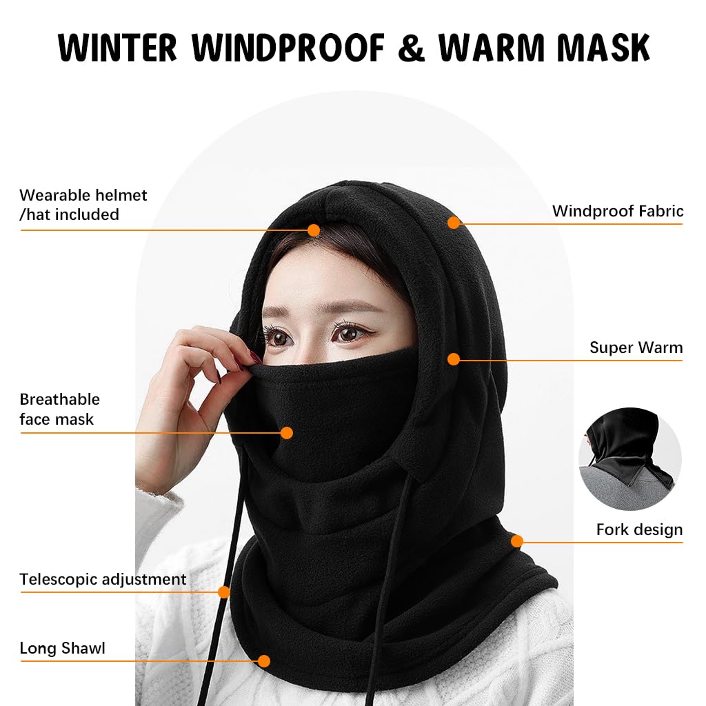 Venzina® Balaclava for Men, Winter Face Mask Hat for Women, Windproof Thermal Winter Hat Ski Mask, Fashion Outdoor Warm Fleece Balaclava with Strawstring for Motorcycle Bike Cycling Neck Warmer