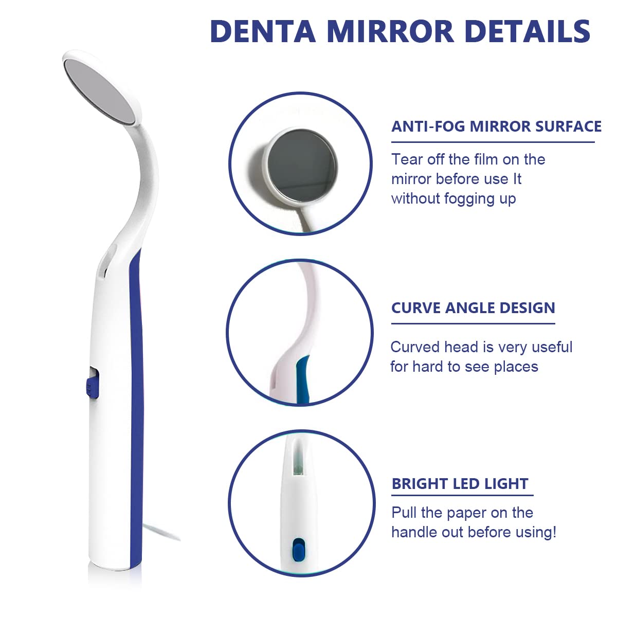 HANNEA Mouth Dental Mirror for Home Inspection with LED Light and Curved Neck Tube | Includes 3 Batteries and 2 Replacement Mirrors