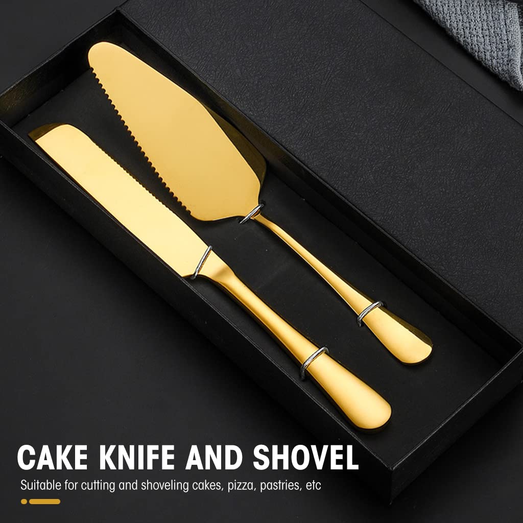 HASTHIP Cake Cutter Set for Birthday and Wedding Parties with Serrated Edge | Golden Stainless Steel Server
