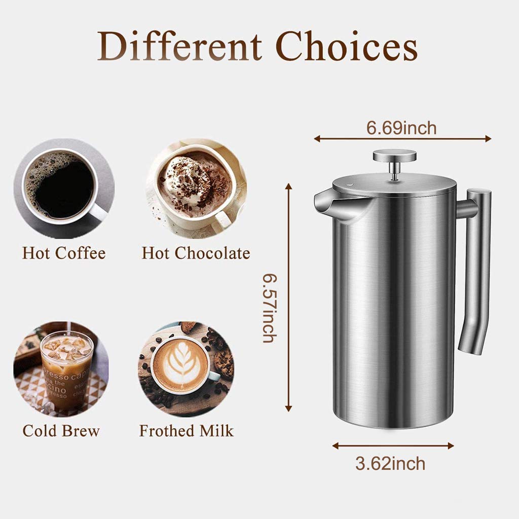 Supvox French Press Coffee Maker 800ML with 4 Level Filtration and 304 Stainless Steel Body