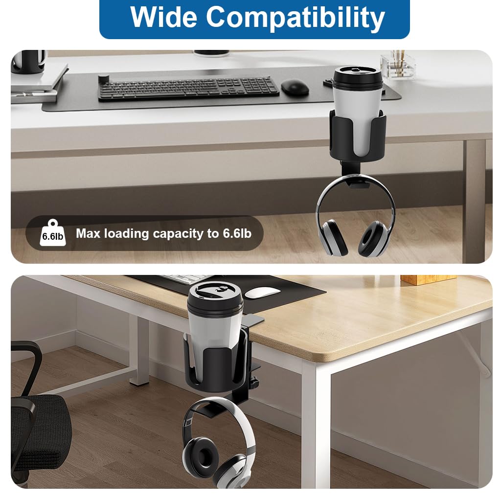 ZORBES 2-in-1 Metal Desk Cup and Headphone Holder for Home Office with Clamp Mount | Spill Proof Organizer Hook