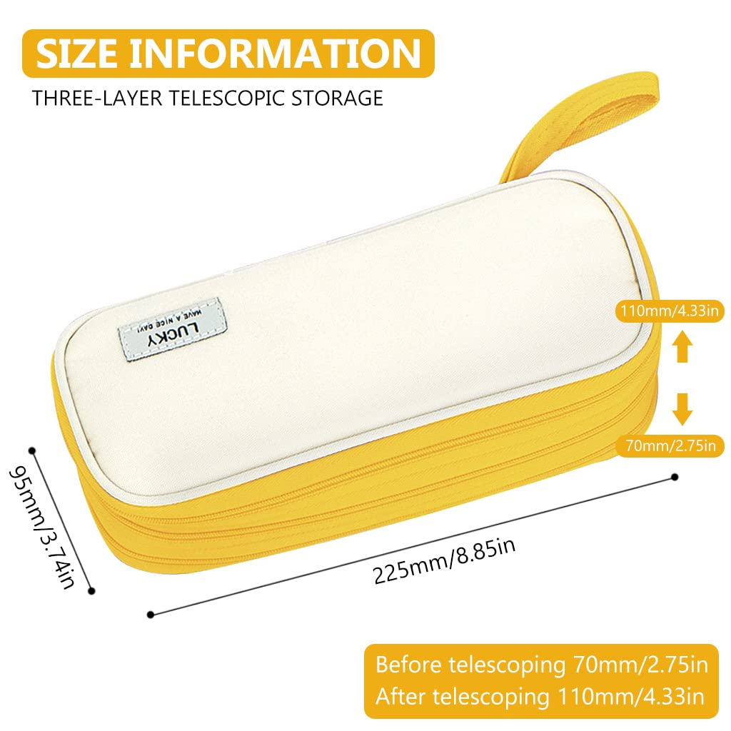 Climberty® Large Capacity Pencil Case, Foldable Design Canvas Pencil Pouch with Zipper Compartments & Handle, 3 Layers of Storage 3 Zippers, Aesthetic Pencil Case for Girls Adults Studen (Yellow)