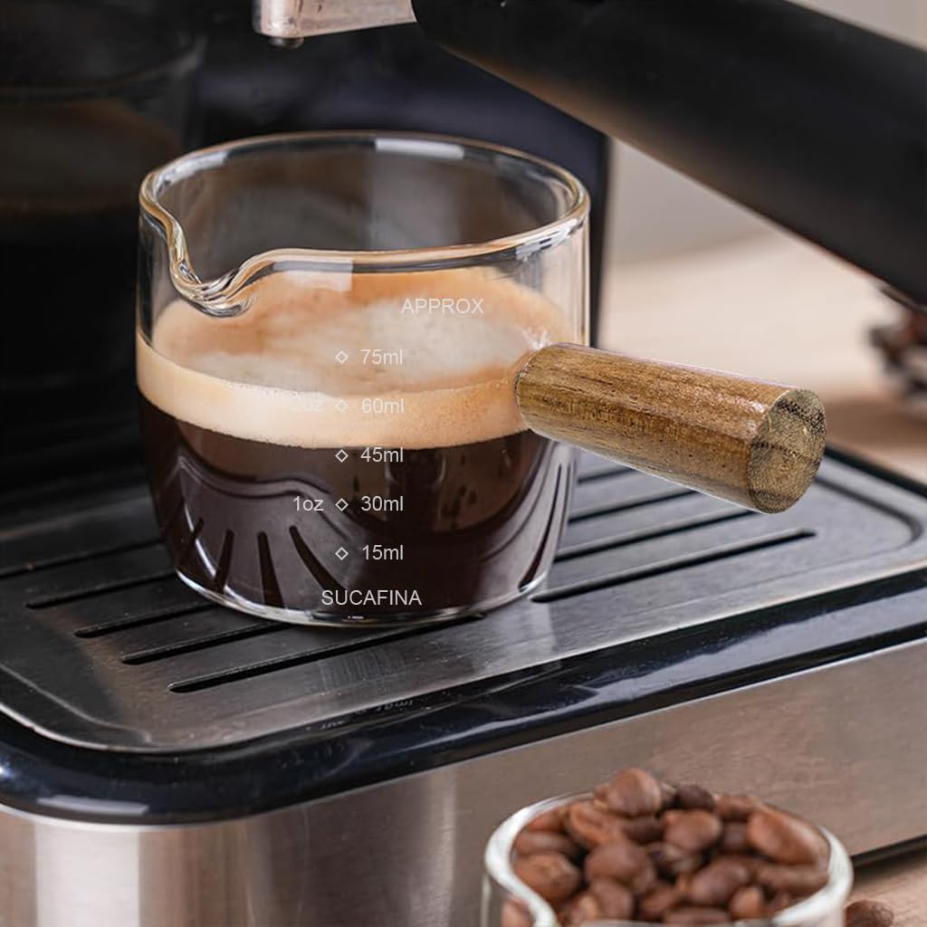 Supvox Espresso Shot Glass for Double Espresso 75ml with Wooden Handle and Heat Resistant Glass