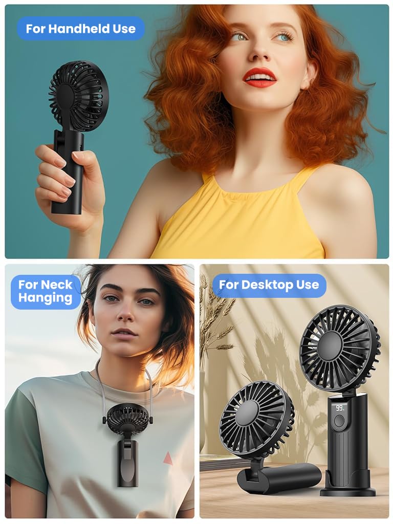 Verilux USB Handheld Fan for Travel and Office with 5000mAh Battery | Detachable Neck Strap