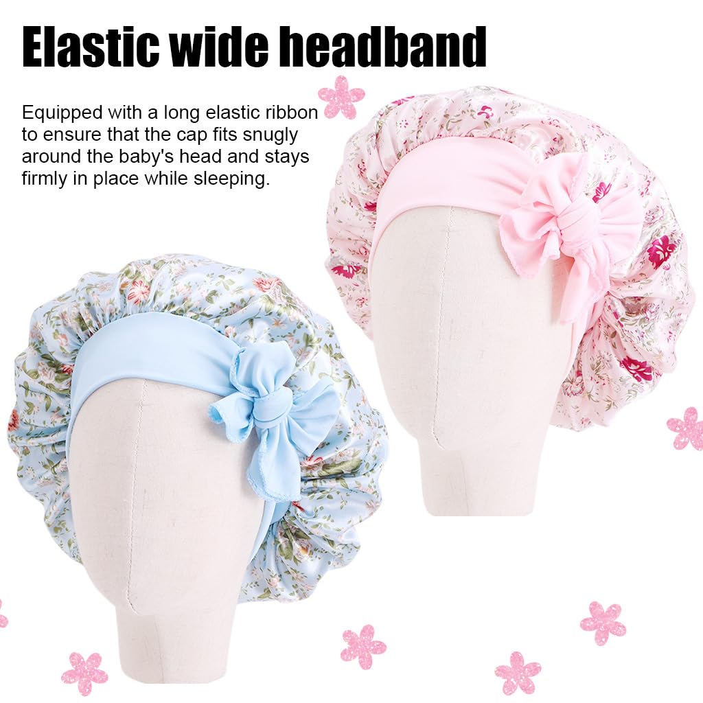 MAYCREATE Kids Silk Bonnet for Sleeping with Elastic Band and Floral Print | 2pcs Satin Hair Cap for Baby 2–8 Years