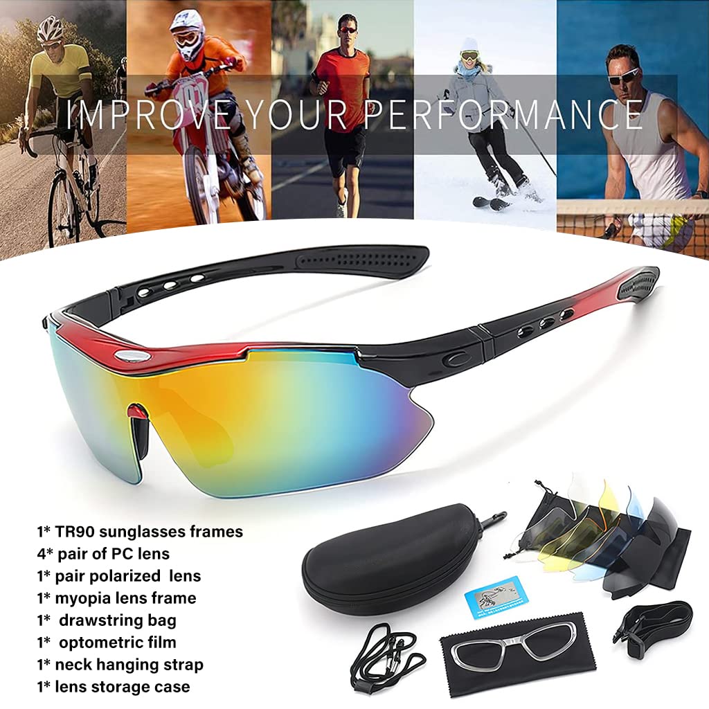 Proberos® Polarized Sports Sunglasses with 3 or 5 Interchangeable Lenses, Mens Womens Cycling Glasses, Baseball Running Fishing Golf Driving