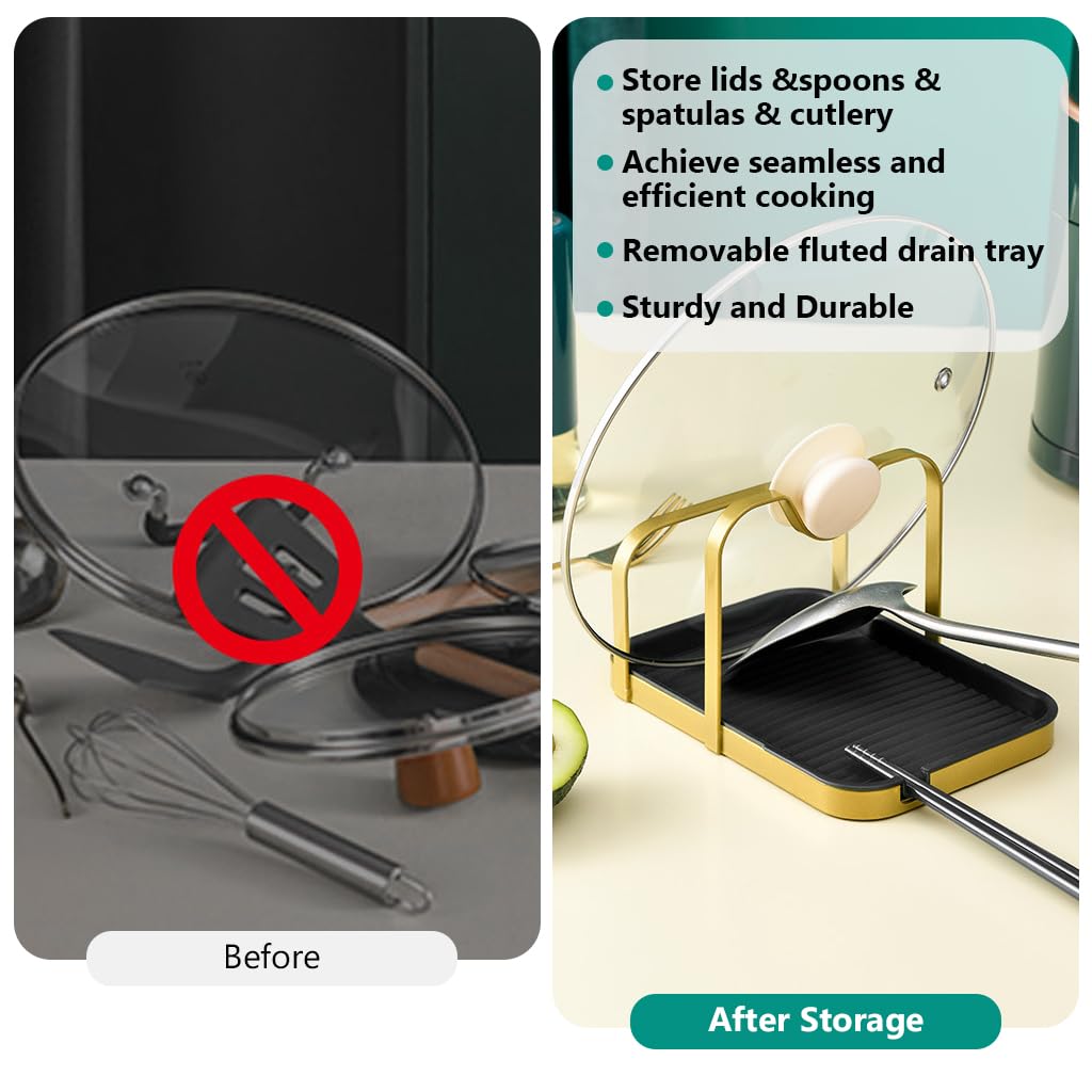 HASTHIP Spoon Rest Pot Lid Holder for Kitchen Organization with Detachable Drain Tray 20x13.8x11.5cm featuring Metal Dual Golden Black Design