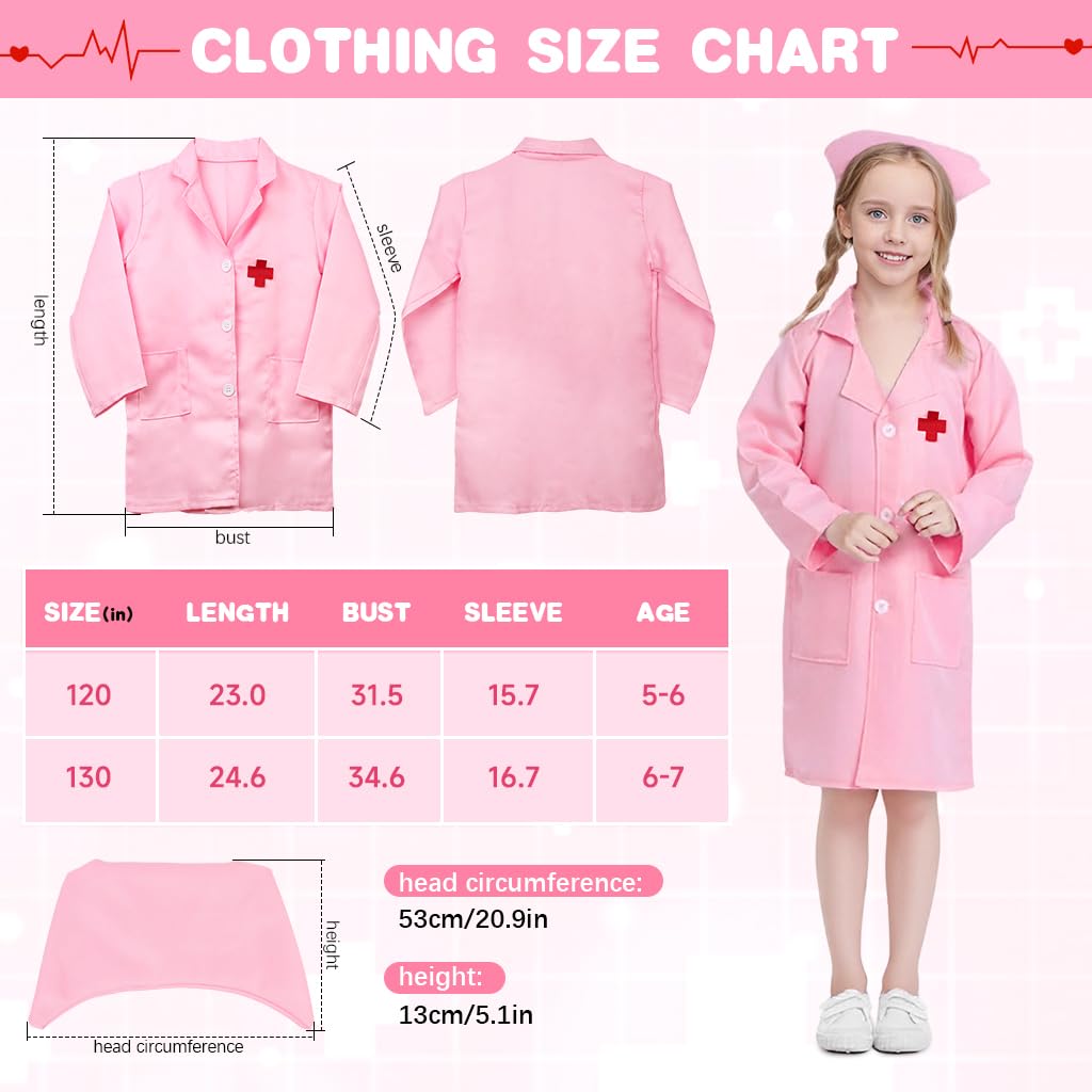 PATPAT Fancy Doctor Dress for Kids with Nurse Cap and Stethoscope Set for Girls Aged 5–6 | Pink Role Play Costume