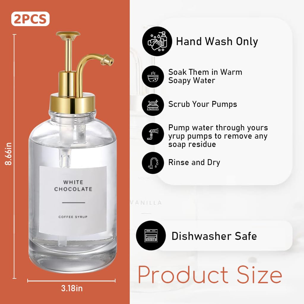 Supvox Coffee Syrup Dispenser for Kitchen and Coffee Bar with 16oz Glass Bottles & Pump | Includes Silicone Funnel and Label Stickers