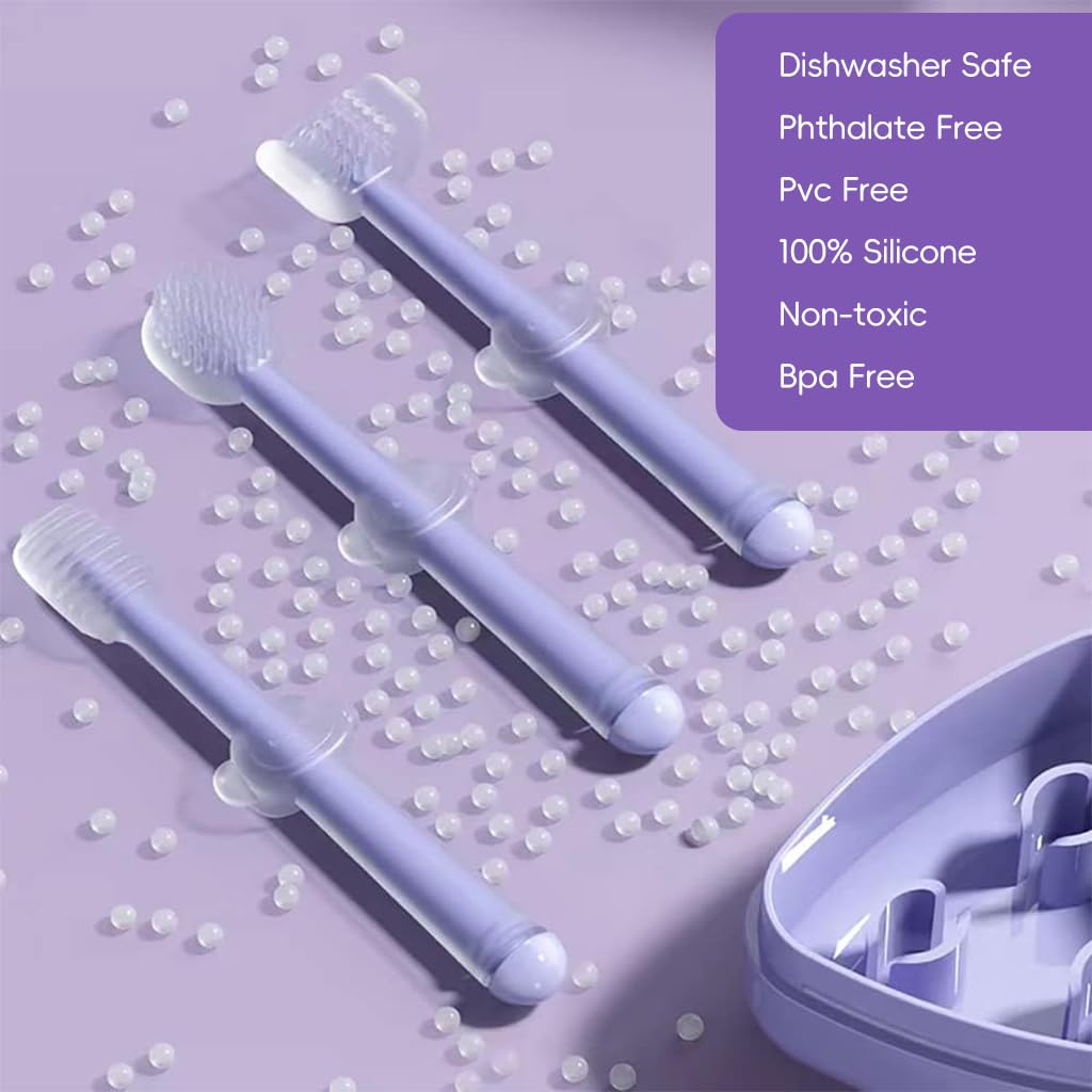 SNOWIE SOFT Silicone Baby Toothbrush Set for 0–18 Months with U-Shaped Brush & Case | Purple