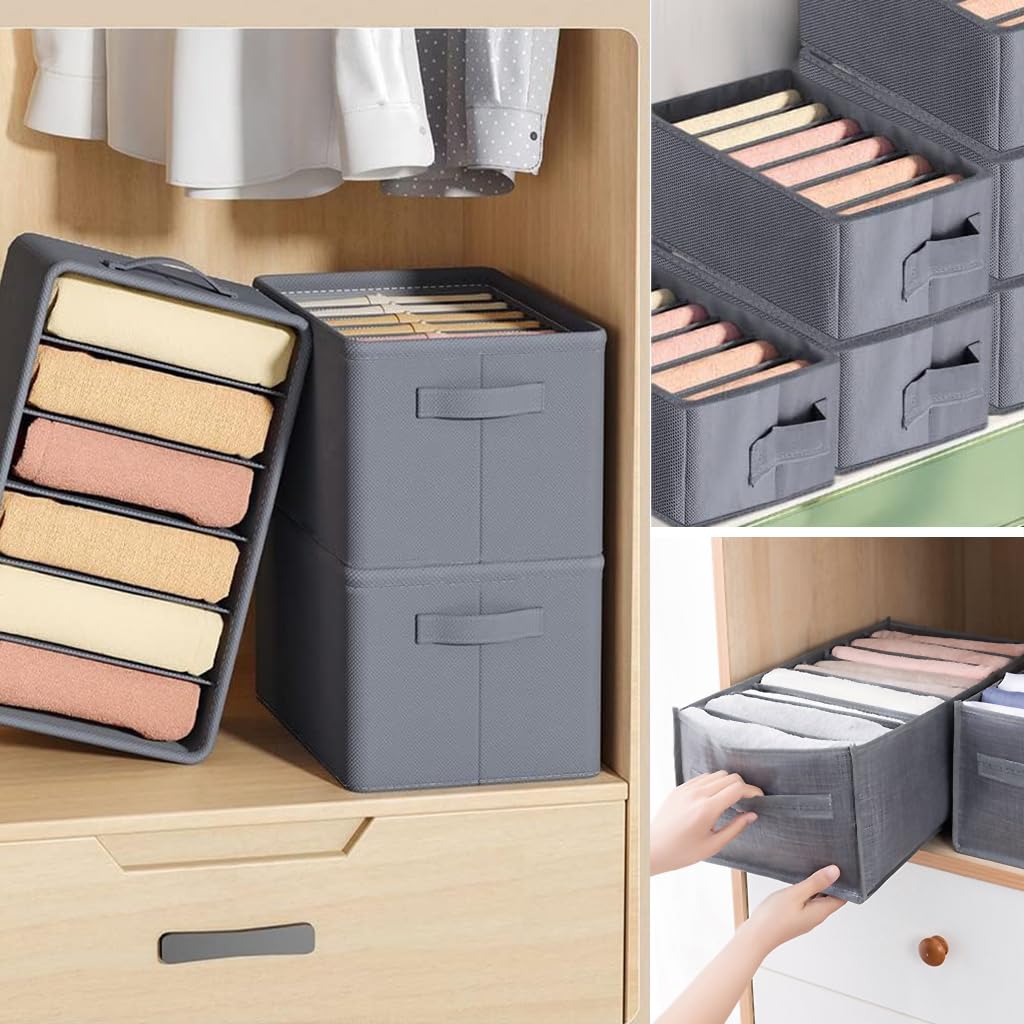 HASTHIP Clothes Organiser for Wardrobe with 6 Drawer Compartments and Handles | 3Pcs 44x25x22cm Cloth Storage Boxes