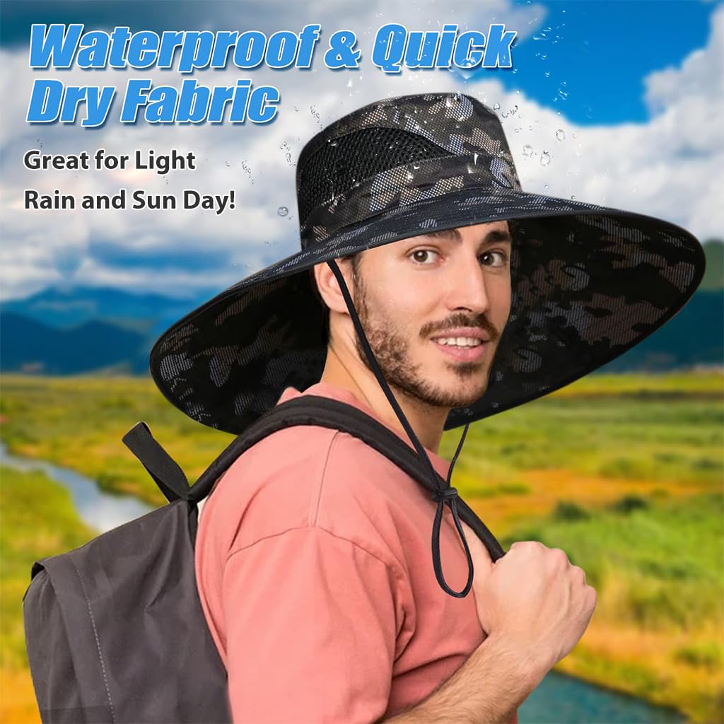 GUSTAVE Hats for Men UPF50+ with 15cm Wide Brim and Flip-Up Design featuring Camouflage Style | Ideal for Fishing, Hiking and Beach Trips