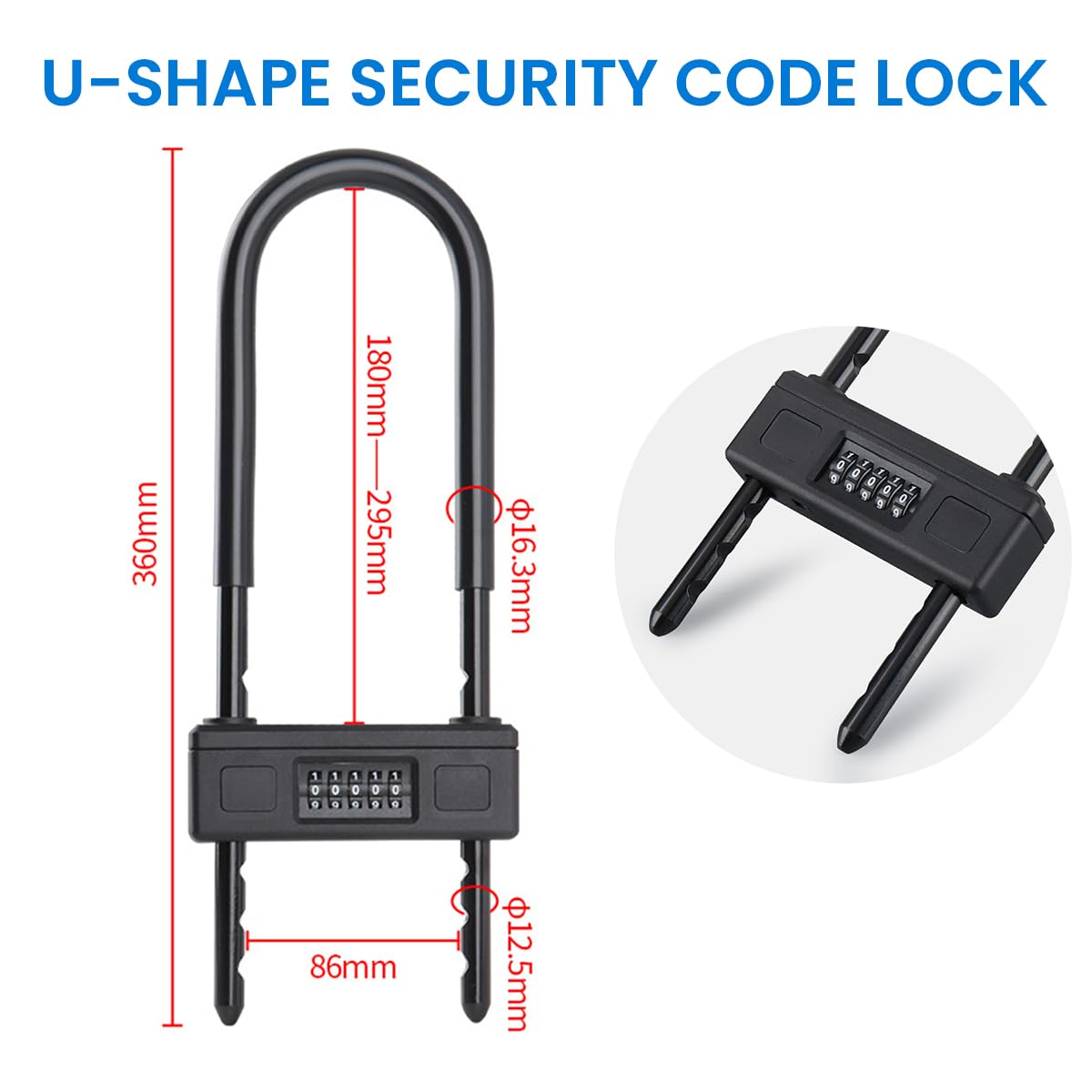 STHIRA® Combination Padlock Large Combination Padlock 5-Digit U-Shape Security Lock Heavy Duty Alloy Steel Safety Lock with Adjustable Shackle Anti Theft Lock for MTB, Shop, Glass Door, Shed, Gate