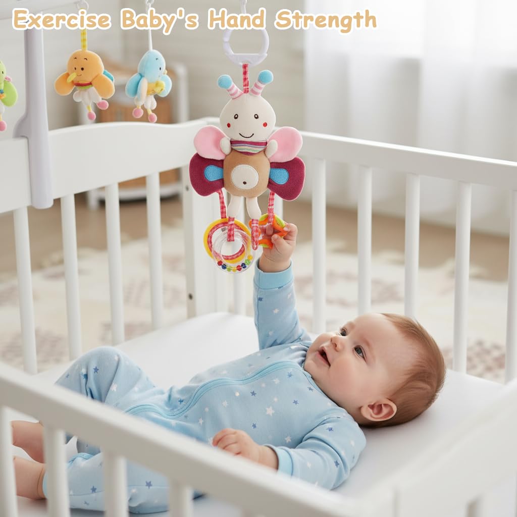 SNOWIE SOFT Baby Hanging Plush Crib Toy with Mirror and Rattles for Infant Sensory Play