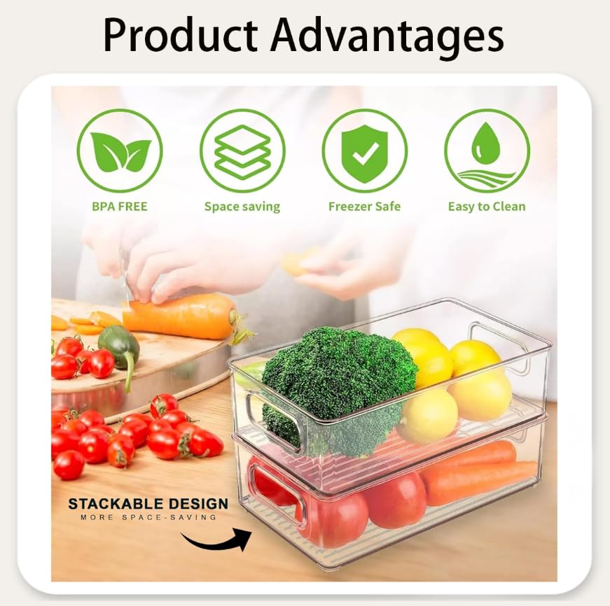 ZIBUYU Clear Fridge Storage Bins for Refrigerator Organization with Handles & Stackable Design | 3 Pcs Food-Grade Plastic Containers
