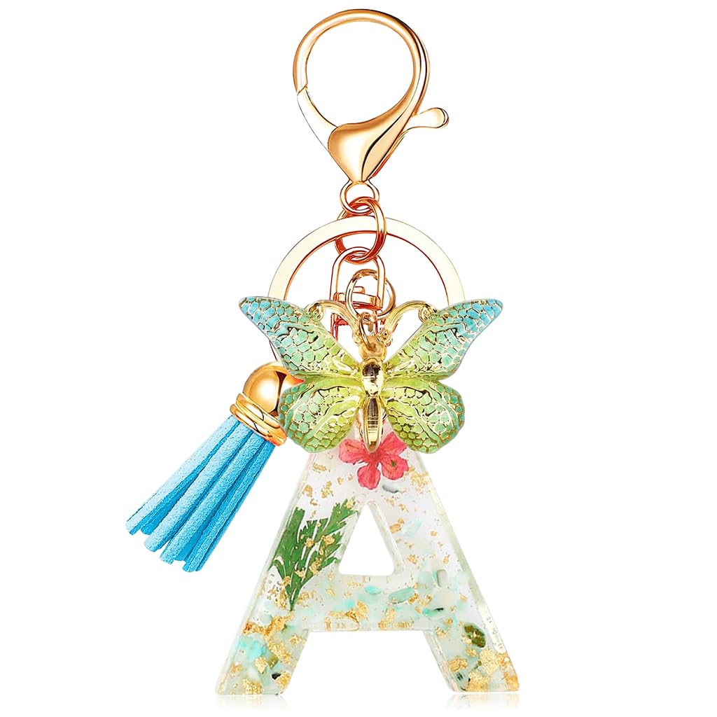 Zibuyu Letter A Keychain for Bags and Backpacks featuring Clear Resin Sequins and Butterfly Charm | Ideal Gift for Girls