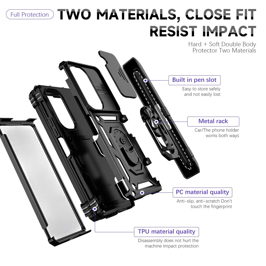 Zeitel Phone Case for Samsung Galaxy Z Fold 6 with Dual Layer Protection and 360 Rotatable Grip | Sliding Camera Lens Shield and Flexible Hinge Design Black