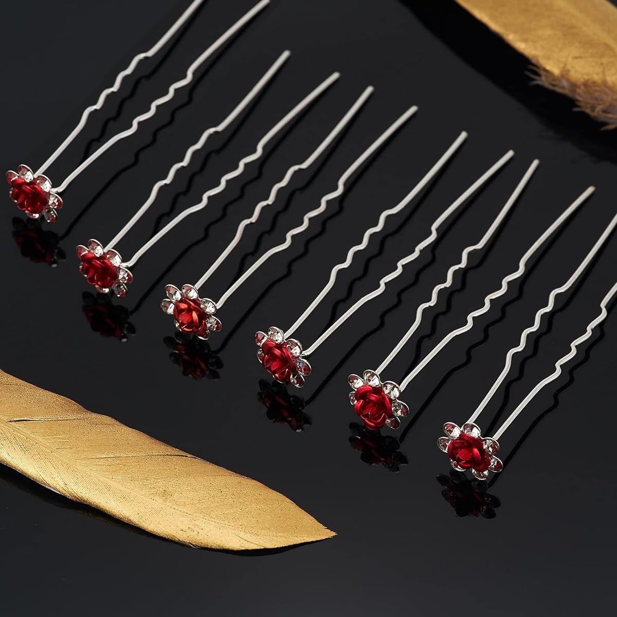 PALAY® 20Pcs Hair Pins for Women Stylish Rose Flower Bridal Hairpin Crystal Hair Stick for Bun Red Rose Juda Pins for Hair Bun Fancy Wedding Hair Bun Pin for Women Girls Bridesmaids