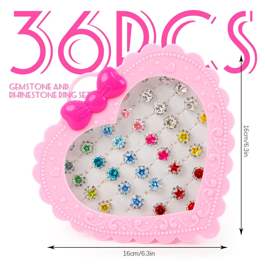 SANNIDHI Gem Rhinestone Rings Set for Girls with 36pcs Adjustable Open Rings | Colorful Acrylic Jewelry Gift Box for Pretend Play