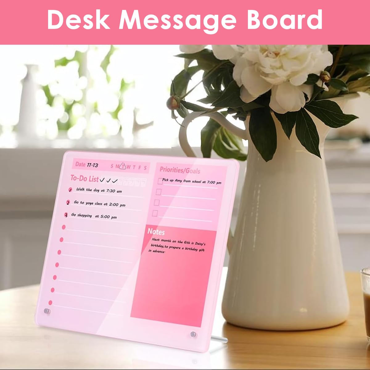 OFIFO Compact Desktop Dry Erase Board for Home and Office with 12x10 in Thickened Acrylic | Pink Memo Planner