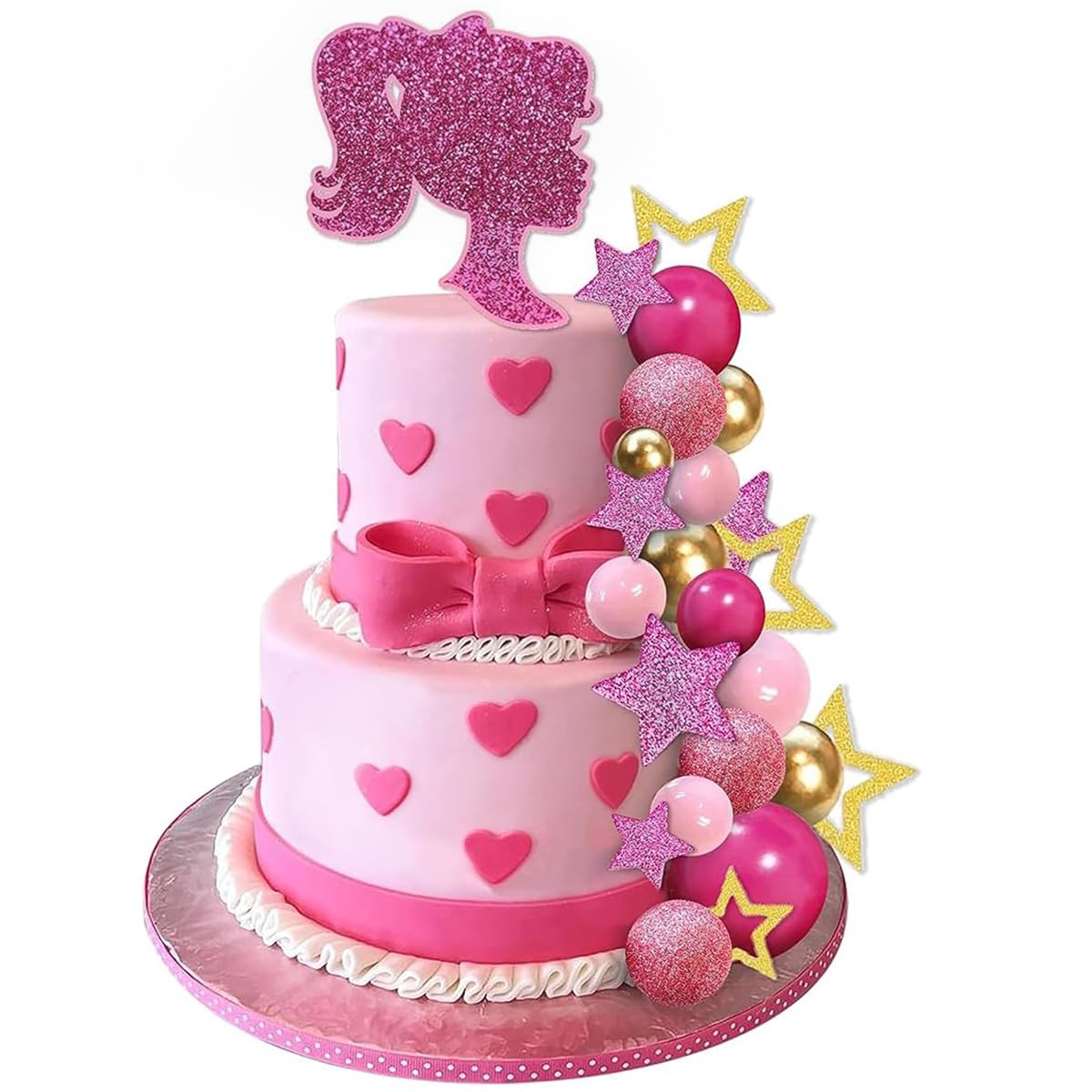 HASTHIP Cake Toppers for Birthday Cakes with 36 Pcs Glittering Stars and Pink Girl Silhouette | Party Decorations for Women and Girls