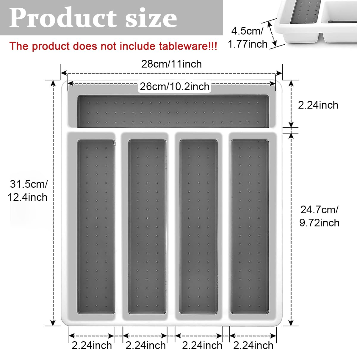 HASTHIP® Plastic Cutlery Tray for Kitchen Drawer Silverware Organizer with Non-slip TPR 5 Separate Compartments for Utensils Organization White, Sturdy and BPA-Free