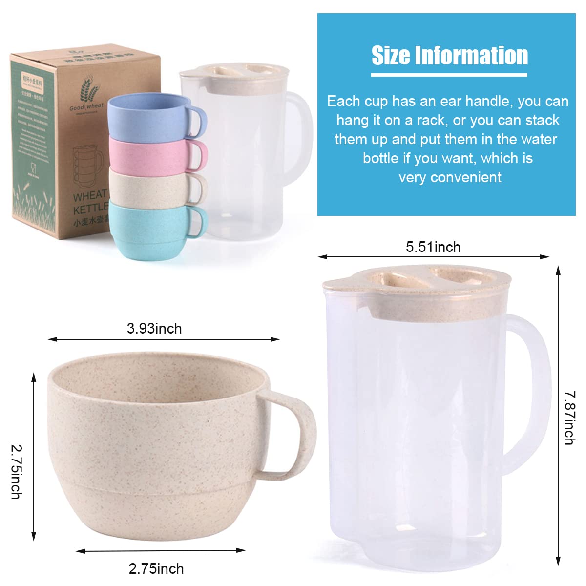 Supvox Plastic Mugs Set for Daily Use with 2L Kettle featuring Dust Proof Lid | Wheat Straw Cups