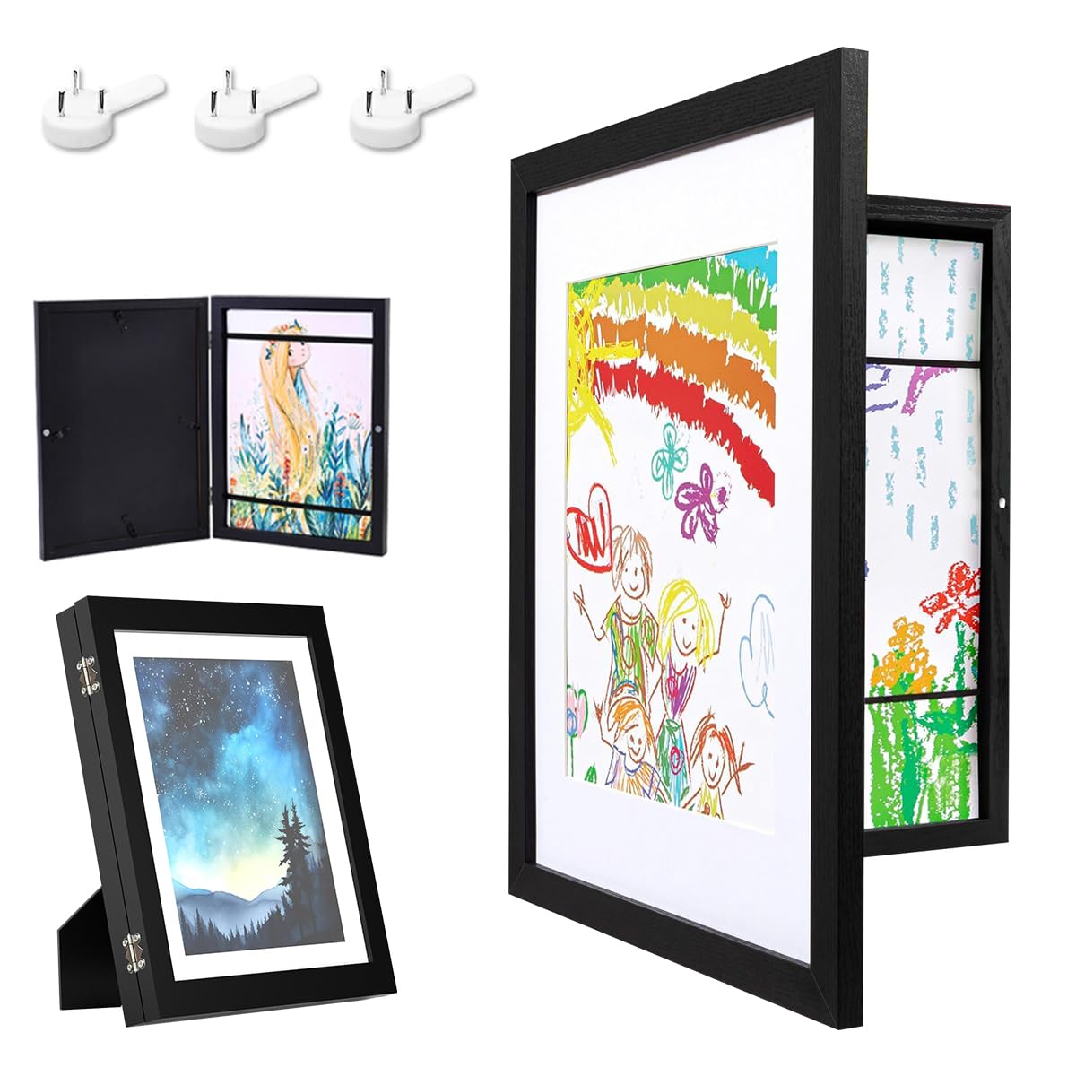 HASTHIP® Kids Artwork Frames Changeable - 8.3x11.8 inches Kids Art Frame Front Opening Holds 50, Display & Change Kids' Paintings, Photos, Certificates with Easy Wall Mount or Desk Stand (Black)