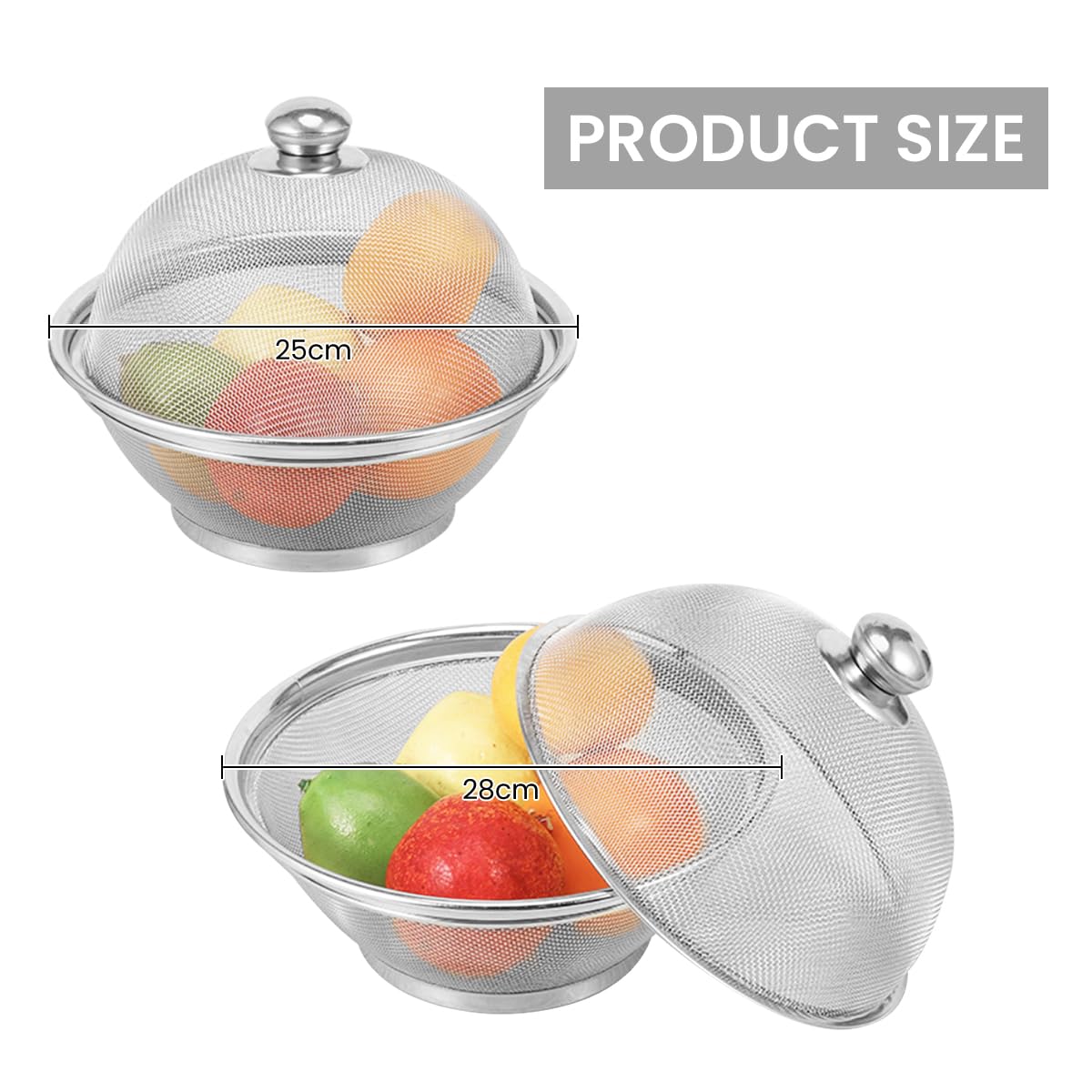 HASTHIP® 2Pcs Fruit Basket for Dining Table Large 25cm/28cm Stainless Steel Fruit Basket with Lid Net Cover Protective Fruits Vegetables Food Storage Strainer Basket for Kitchen, Home, Dining