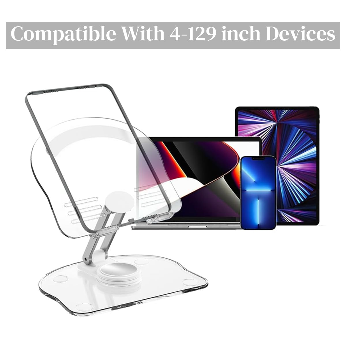 ZORBES Phone Holder for Desk with 360° Rotating Base and Anti Slip Design | Clear Acrylic Stand for Phones and Tablets up to 12.9 in
