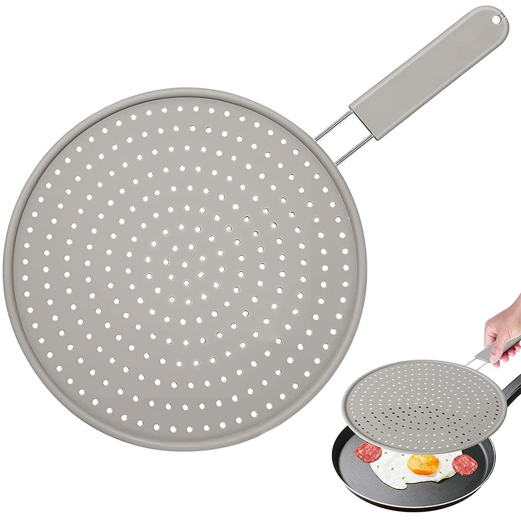 HASTHIP 11inch Frying Pan Non-Stick Cover, Silicone Splatter Screen Pan Cover with Heat Insulation Handle, Heat Insulation Cooling Mat, Strainer, Drain Board, Oil Splash Guard for Frying Pan