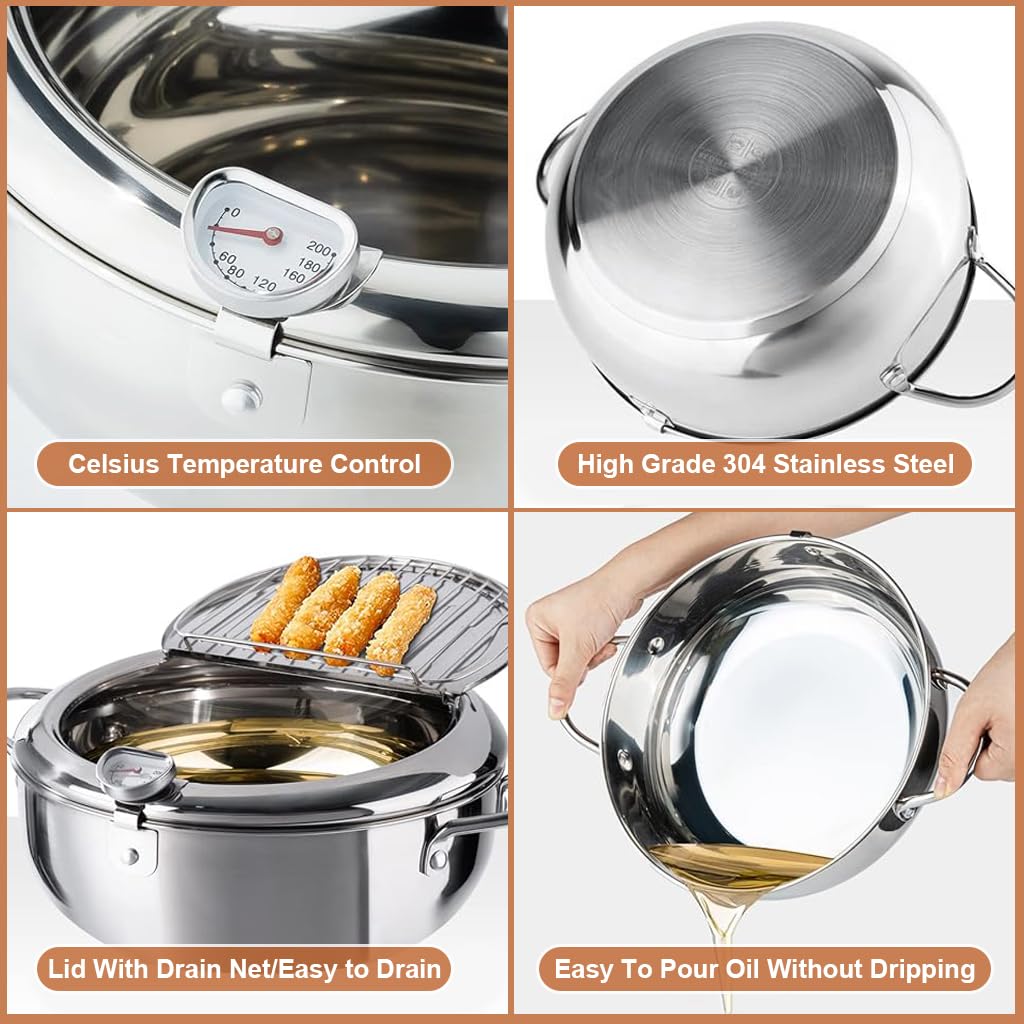 Supvox® Stainless Steel Fryer Pot Deep Fryer Pot with Lid & Oil Draining Stovetop & Induction Cooker Use Multifunctional Fryer Pot 9.4 Inch/3.4 L with Thermometer Kitchen Pot with Ears