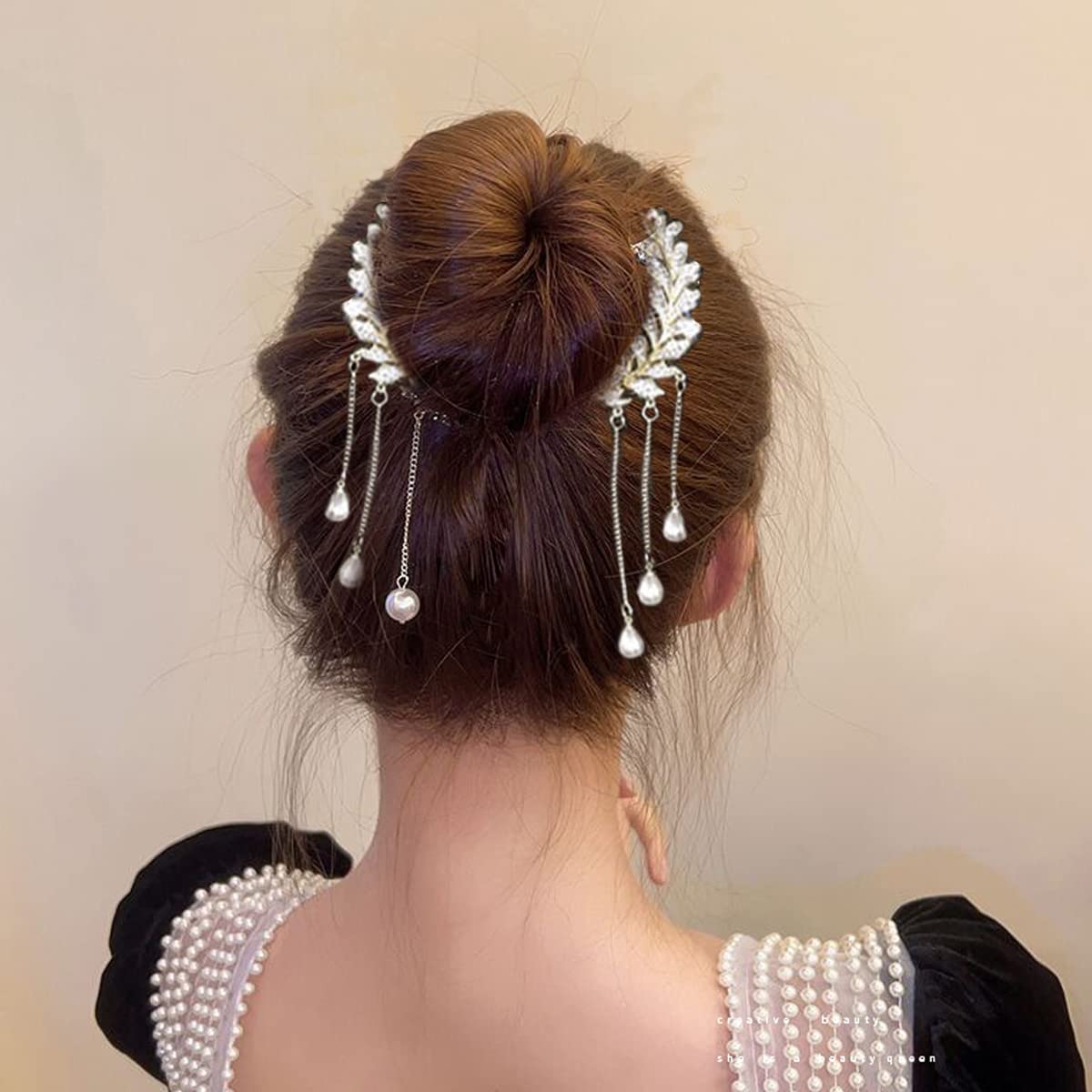 SANNIDHI Pearl Tassel Hair Bun Clip for Wedding and Party with Self Lock Design | Alloy Rhinestone Accessory for Women