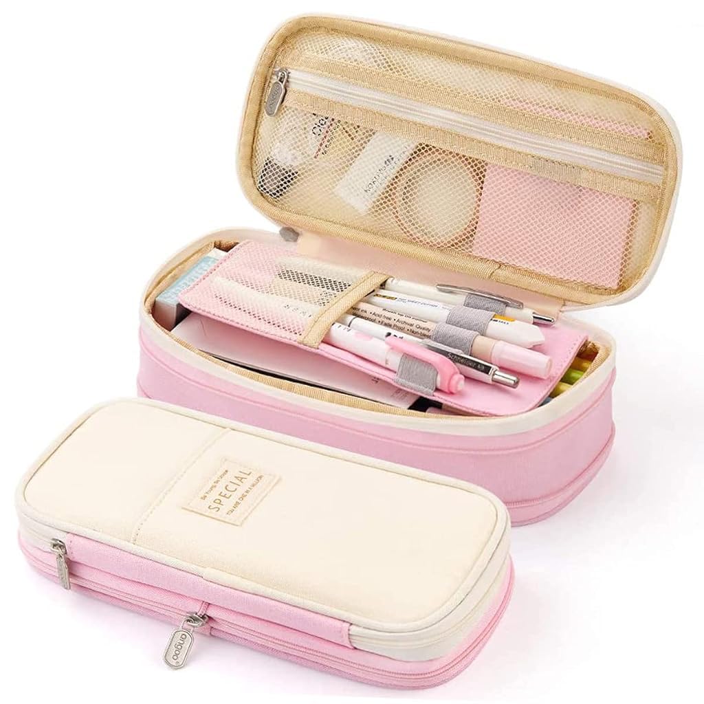 HASTHIP Large Capacity Pencil Case, Durable Storage Multiple Compartment Double Zipper Portable Capacity Pencil Pouch for College Student Teen, 22x11cm (Pink)
