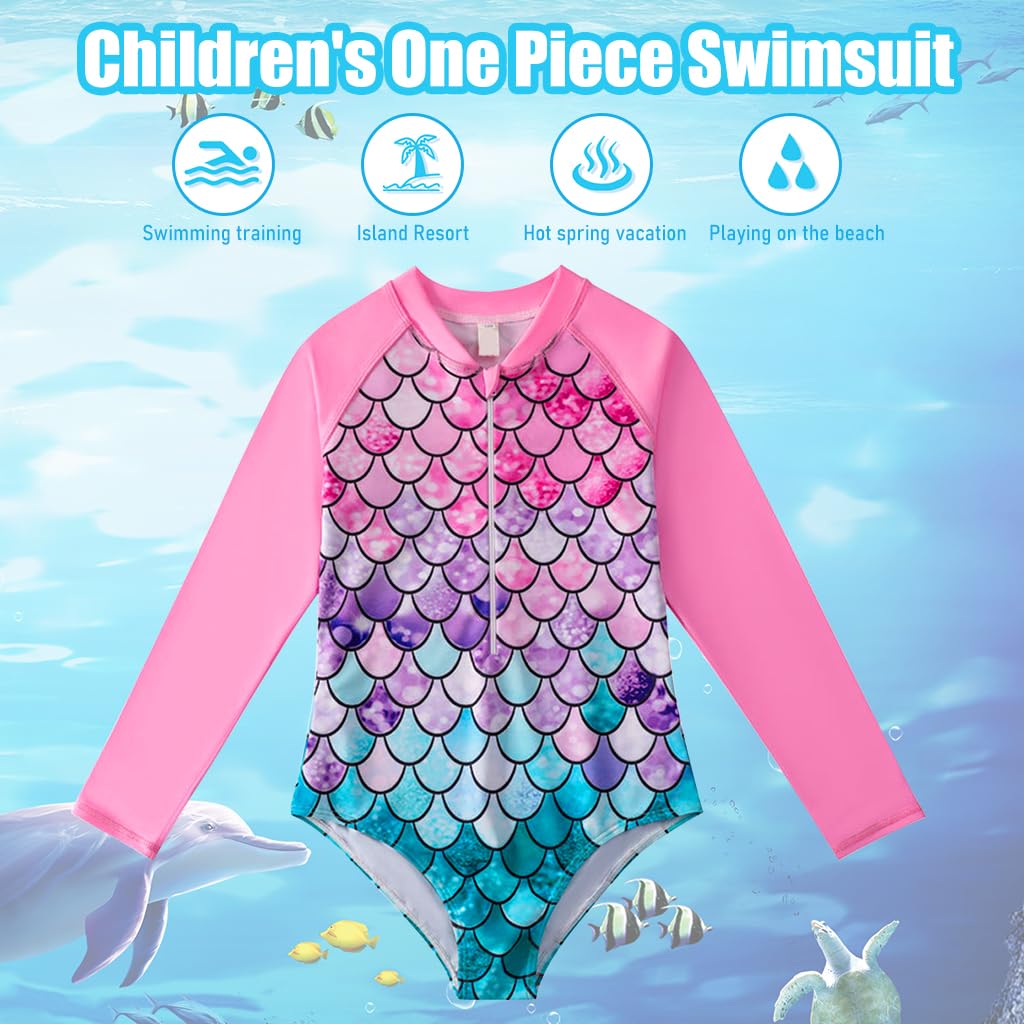 PALAY® Mermaid Swimming Costume for Girls, One Piece Swim Suit for Kids Girls, Long Sleeve Stretchy Swimsuits Swimming Suit Beach Wear for Girls 6-7 Years Old - UPF 50+