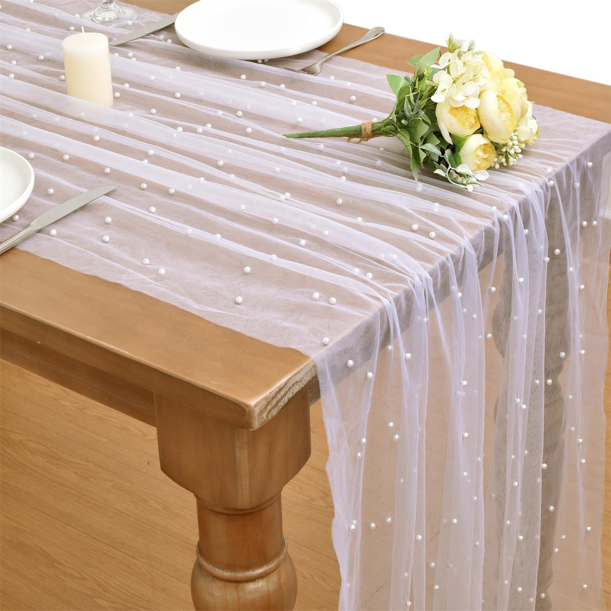 HASTHIP® Sheer Lace Tablecloth, 80x300cm Pearl Embellished Table Cover Table Runner, Decorative Room Decor Background Table Setting for Event, Special Days, Party