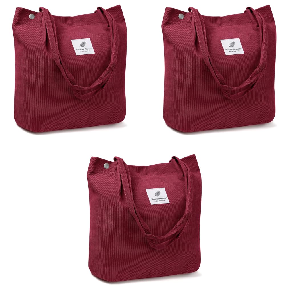 PALAY Tote Bag for Women with Reinforced Handles Corduroy Burgundy Large 3PCS Set