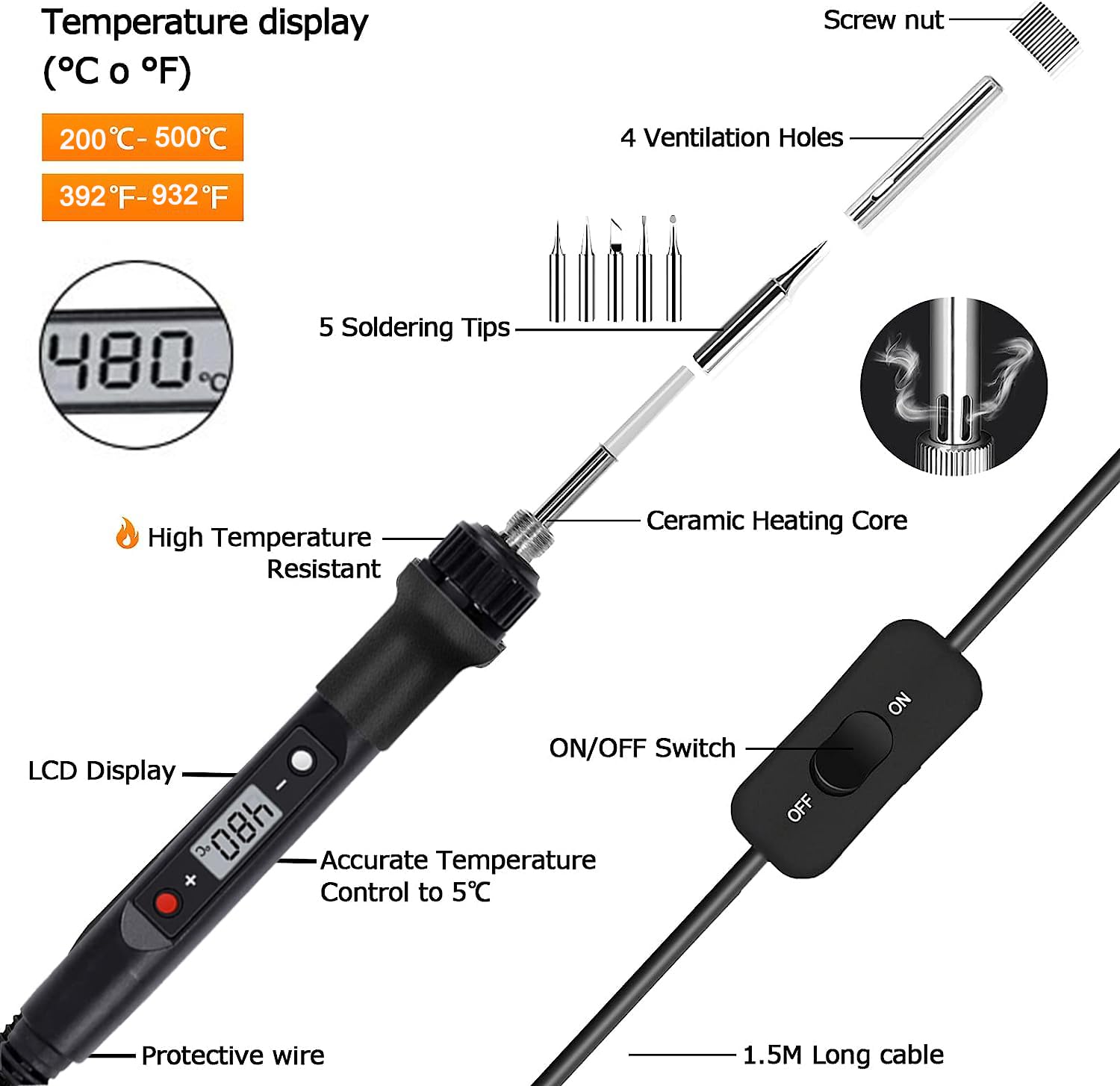 Serplex Temperature Adjustable Soldering Iron Kit With 5 Different Soldering Tips, 80W/220V Soldering Iron With Digital Display Screen, Temperature Range 200-500¡ãC, Fast Heating Solder Iron