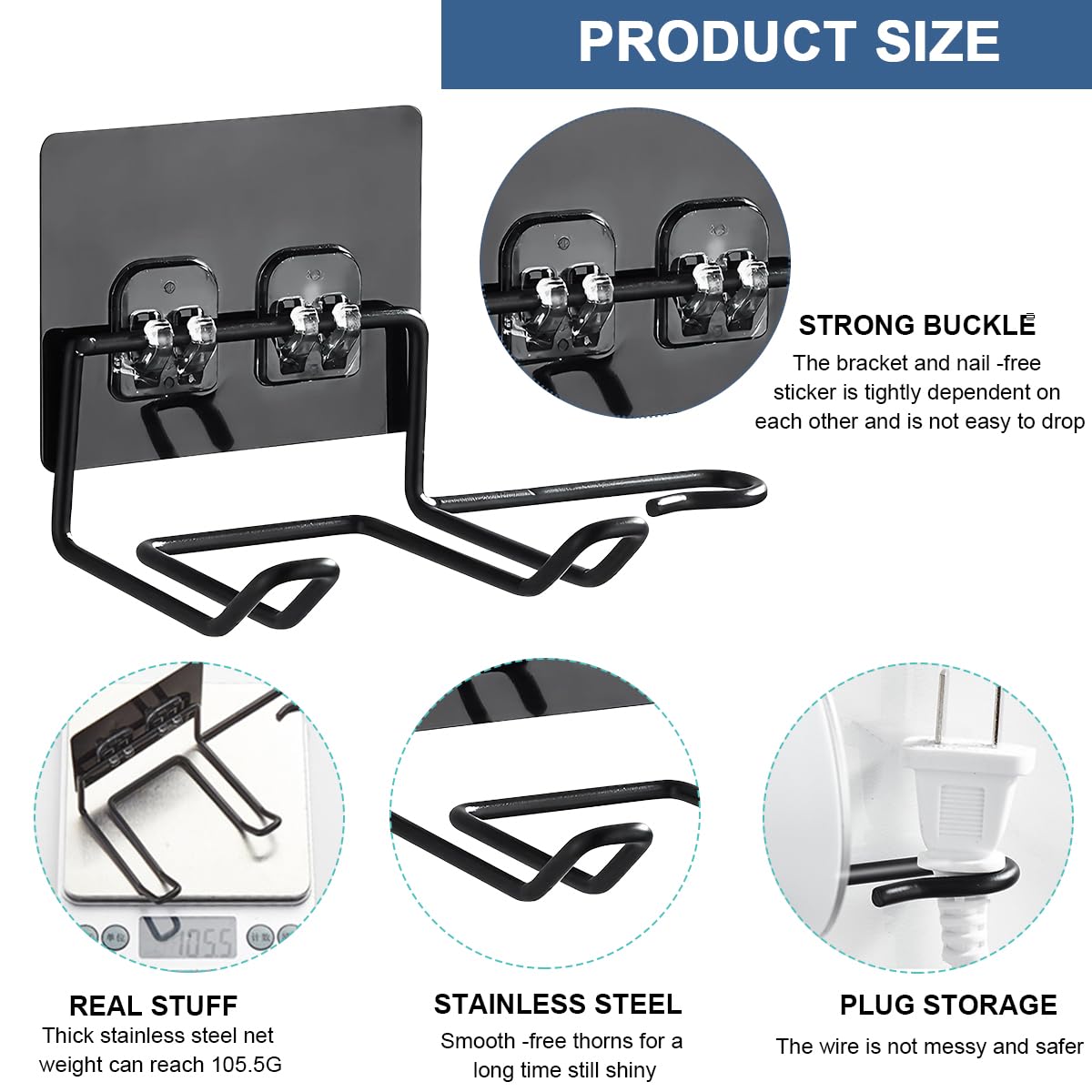 HASTHIP Hair Dryer Stand for Bathroom with Plug Holder featuring Self Adhesive Mount | Stainless Steel Wall Organizer in Black