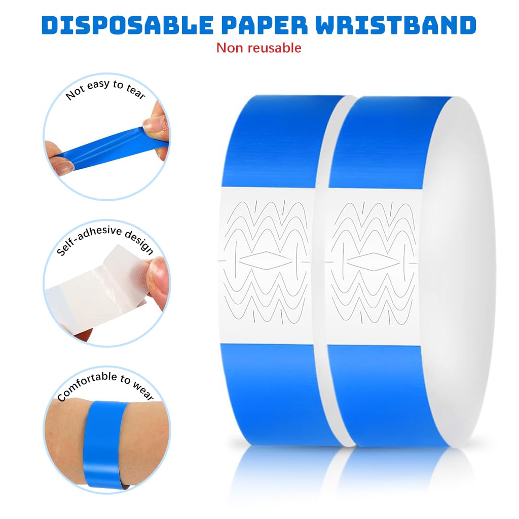 HASTHIP Paper Wristbands for Events with Self Adhesive Closure and 300 Count Blue Set | Waterproof 25cm Bands for Concerts and Parties
