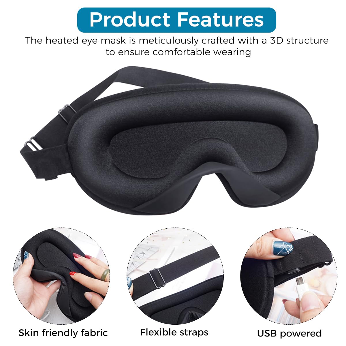 HANNEA® 3D Heated Eye Mask, USB Wired Eye Mask with Temperature & Time Control, Warm Eye Compress Heating Pad for Sleep, Relieve Eye Strain, Puffy Eyes(Black)