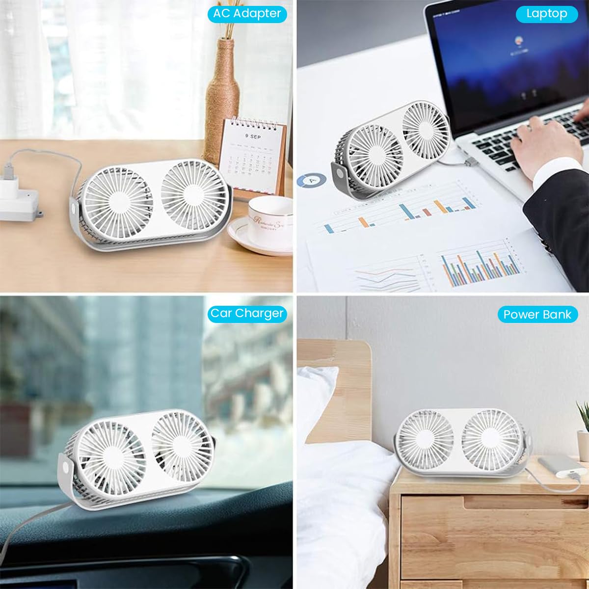 Verilux Table Fan for Home and Office with Dual Fan Aromatherapy Design | 26×15×5 cm Portable USB Cooling