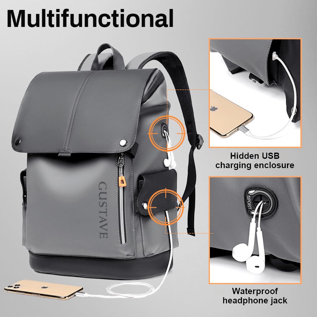 GUSTAVE® Fashion Laptop Bags for Mens 15.6 Inch Large Capacity Waterproof Travel Backpack Office Bag Walkent Backpack with USB Charging Port Flap & Zipper Closure, Grey