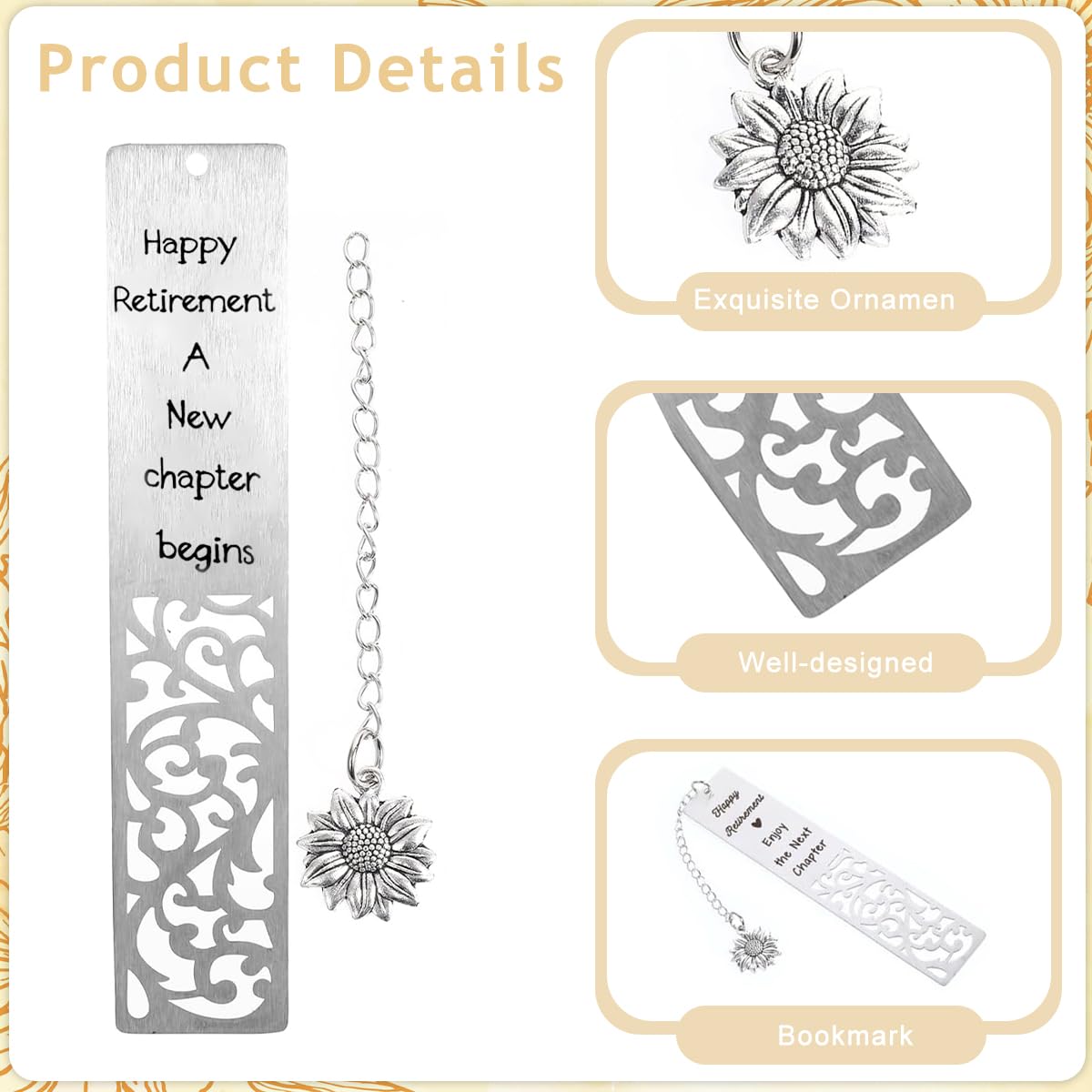 OFIFO Stainless Steel Metal Bookmark for Retirement Gifts with 5.11 in Floral Cutout and Sunflower Charm