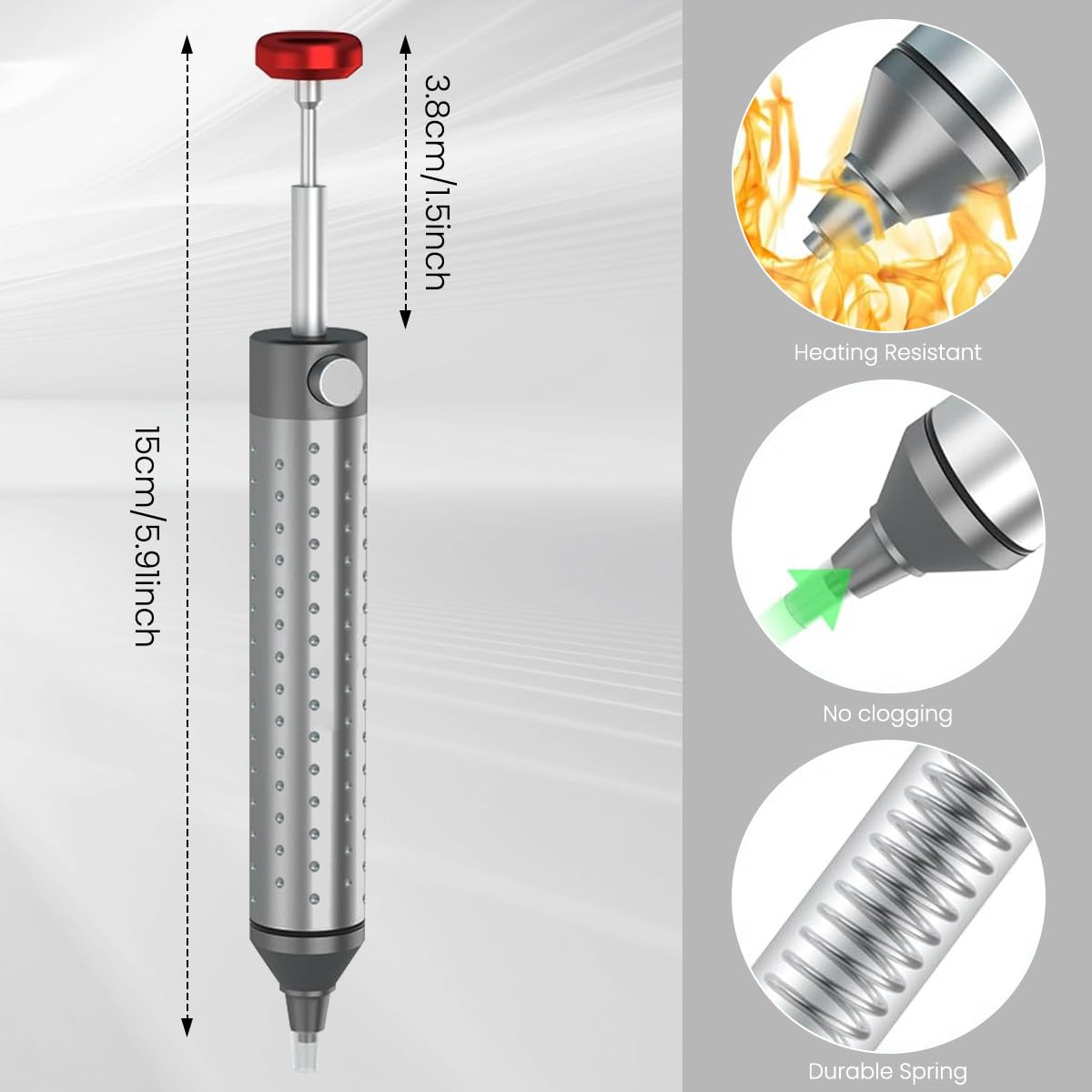 Serplex® Solder Sucker Tool with 2Pcs Cuttable Silicone Nozzle Tubes Aluminum Alloy Solder Sucker Sold Removal Tool Manual Vacuum Suction Heat-Resistant Silicone Nozzle Soldering Iron Supplies