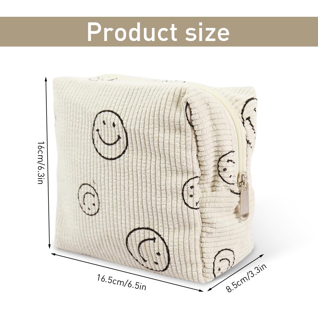 PALAY® Travel Makeup Pouch Smile Print Soft Corduroy Makeup Organizer Bag Zipper Pouch Travel Toiletry Bag Multi-purpose Storage Pouch for Makeups, Travel Bottles, 18x9x13cm